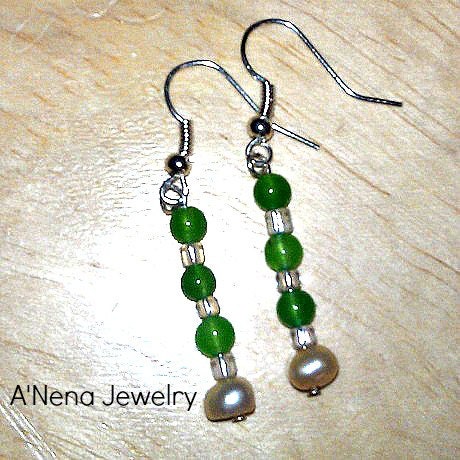 Earrings- "Free Yourself" Genuine Green Quartzite and Genuine Champagne Pearl