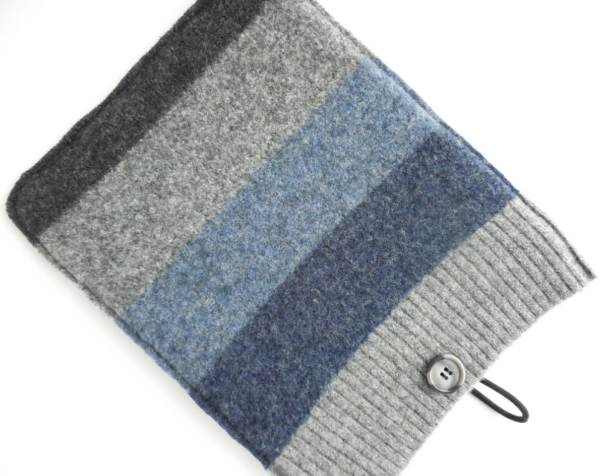 iPad Sleeve, Blue and Gray striped Felted Wool, Upcycled,  Netbook Cover, Mini Laptop Case