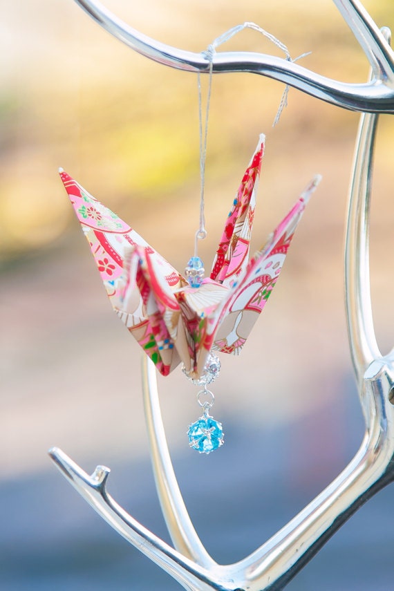 Cream & Pink Origami Crane Ornament
