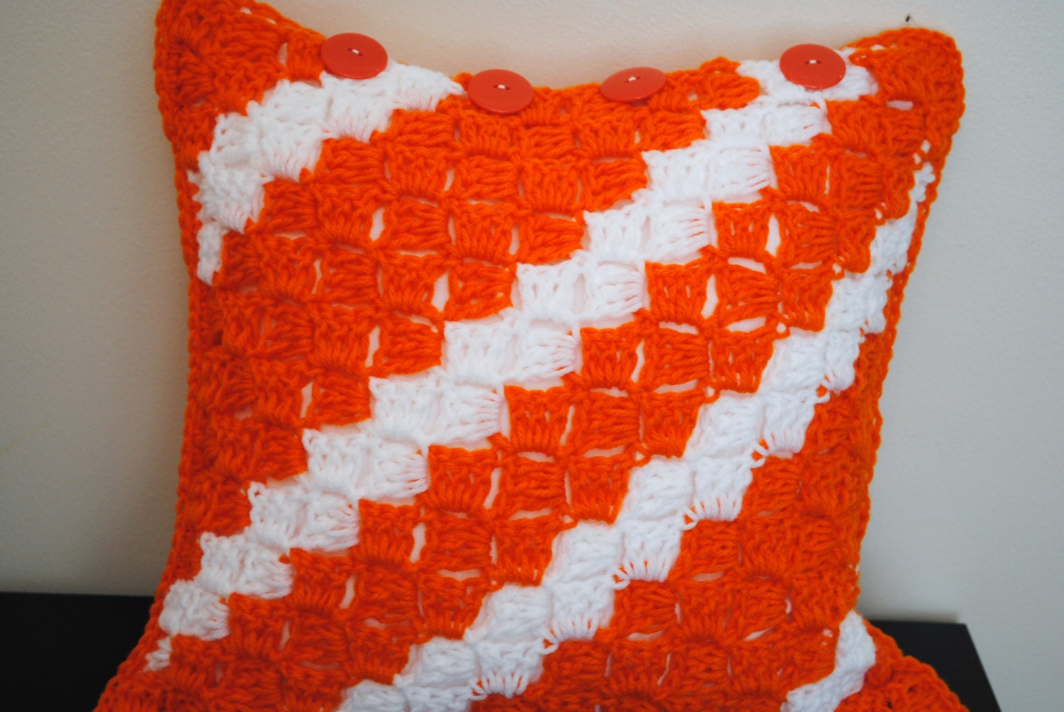 sunkist stripes- crochet orange and white removable 14" pillow covers