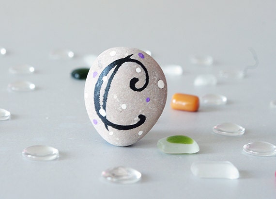 Any Initial Letter with Magnet, Monogram, Letter C, Beach Stone, Personal Gift Idea, Beach Pebbles by HappyEmotions