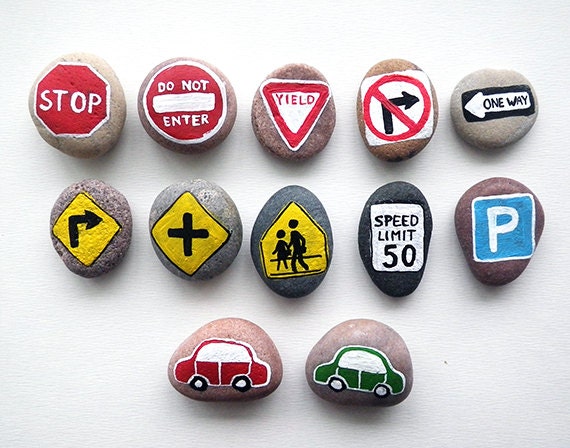 10 Road Signs and 2 Cars with Magnets, Traffic Symbols, Play for Magnetic Chalkboard, Toy Set for Boys, Painted Beach Pebbles, Sea Stones