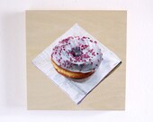 Original Painting Doughnut Still life, White Pink, Acrylic on Panel, 8 x 8 inches, by Heather McCaw Kerley