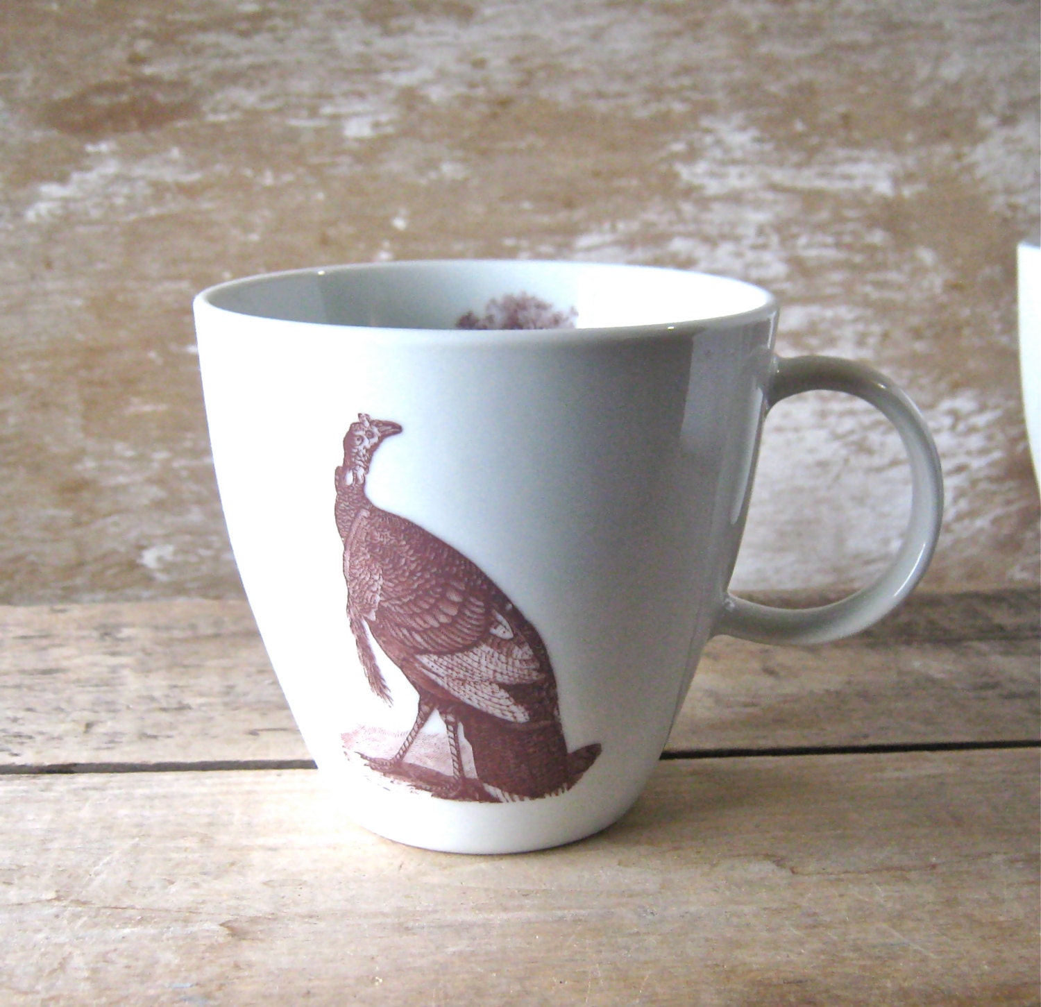 Mug with Turkey and Oak Branch,  Woodland Animal, Recycled 16 oz Porcelain Coffee Cup, Ready to Ship