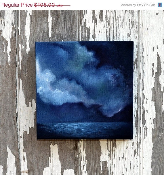 SALE 20% OFF Seascape, oil painting, original art, midnight blue ocean, storm clouds, home decor, painting 8x8  - Night Diver