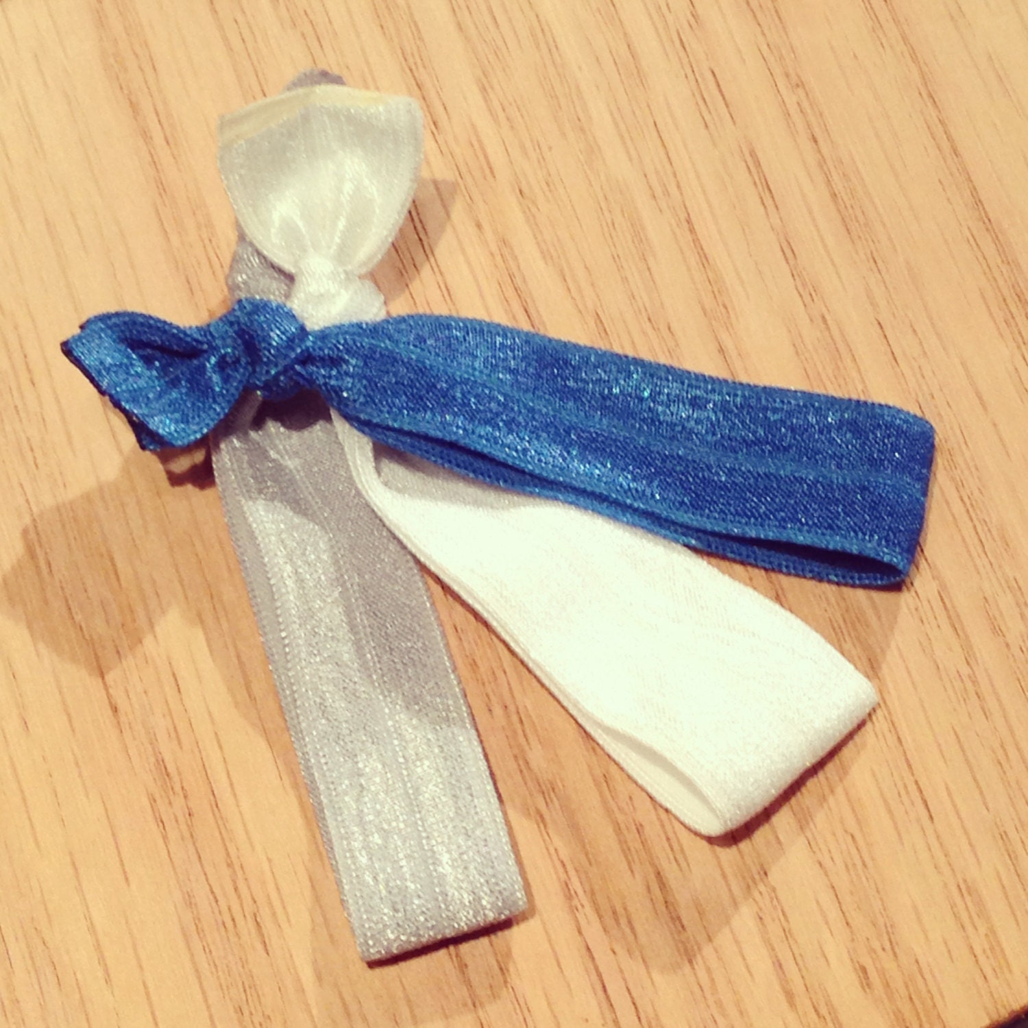 Dodger Blue silver white elastic hair ties ponytail holders lot of 3
