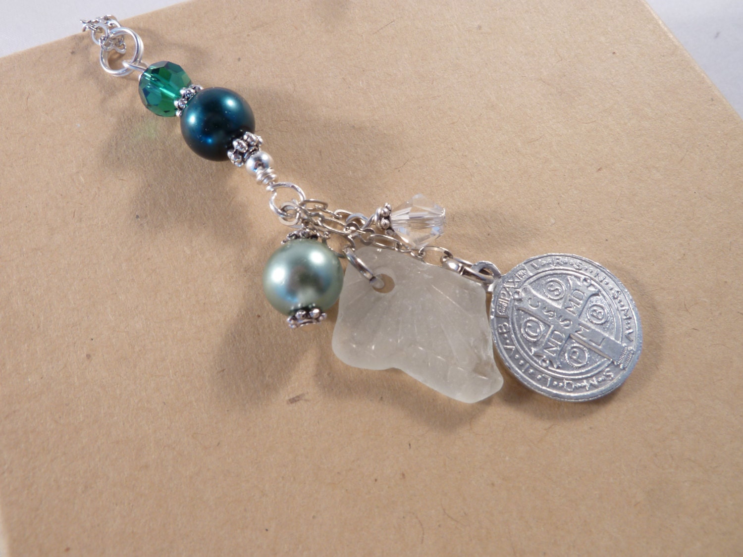 Upcycled Italian Sea Glass and Holy Medal Dangle Necklace