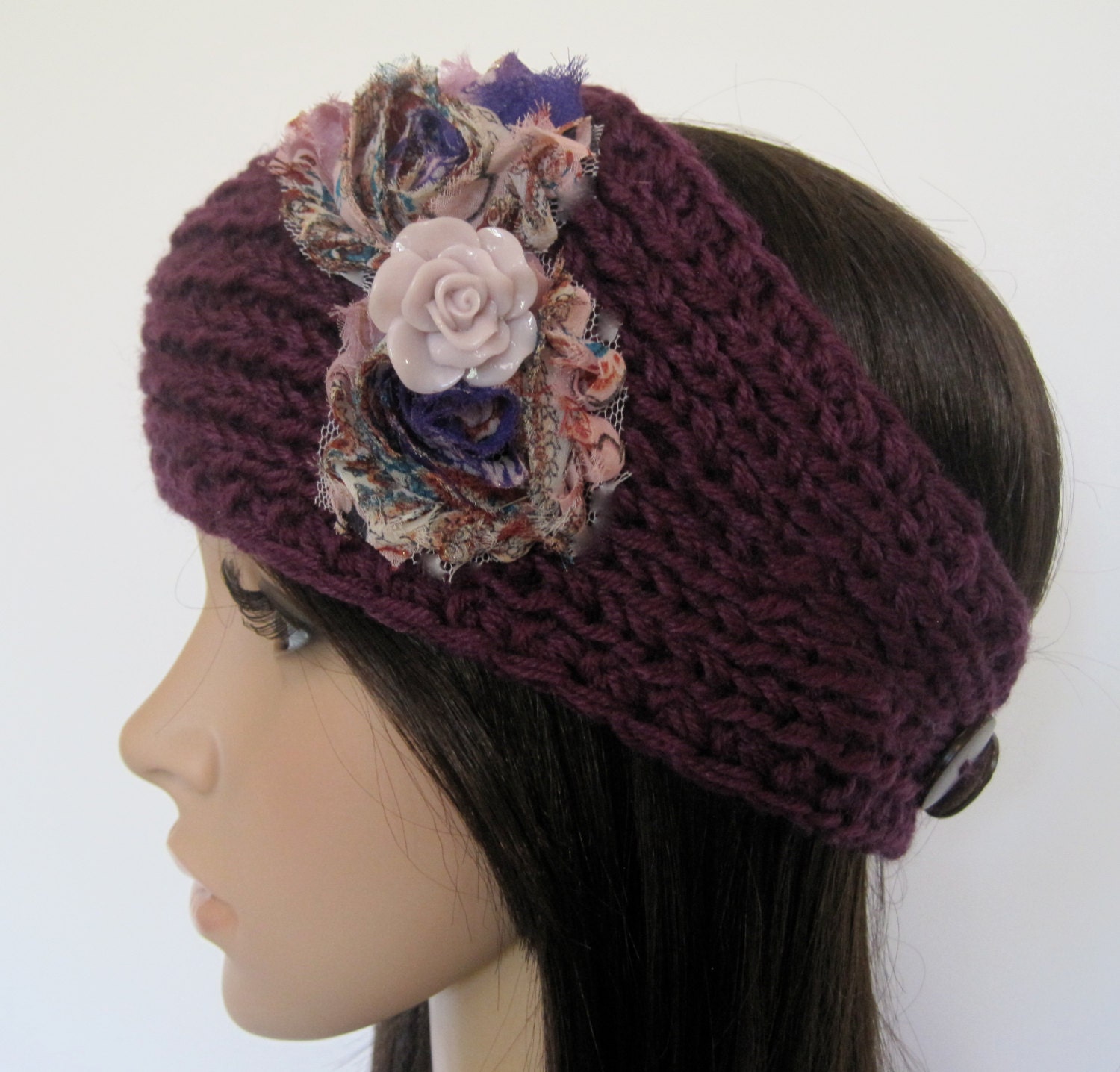 Purple Ear Warmer Headband Headwrap with Multi Colored Purple Shabby Frayed Flowers and a Lavender Cabochon Flower Accent