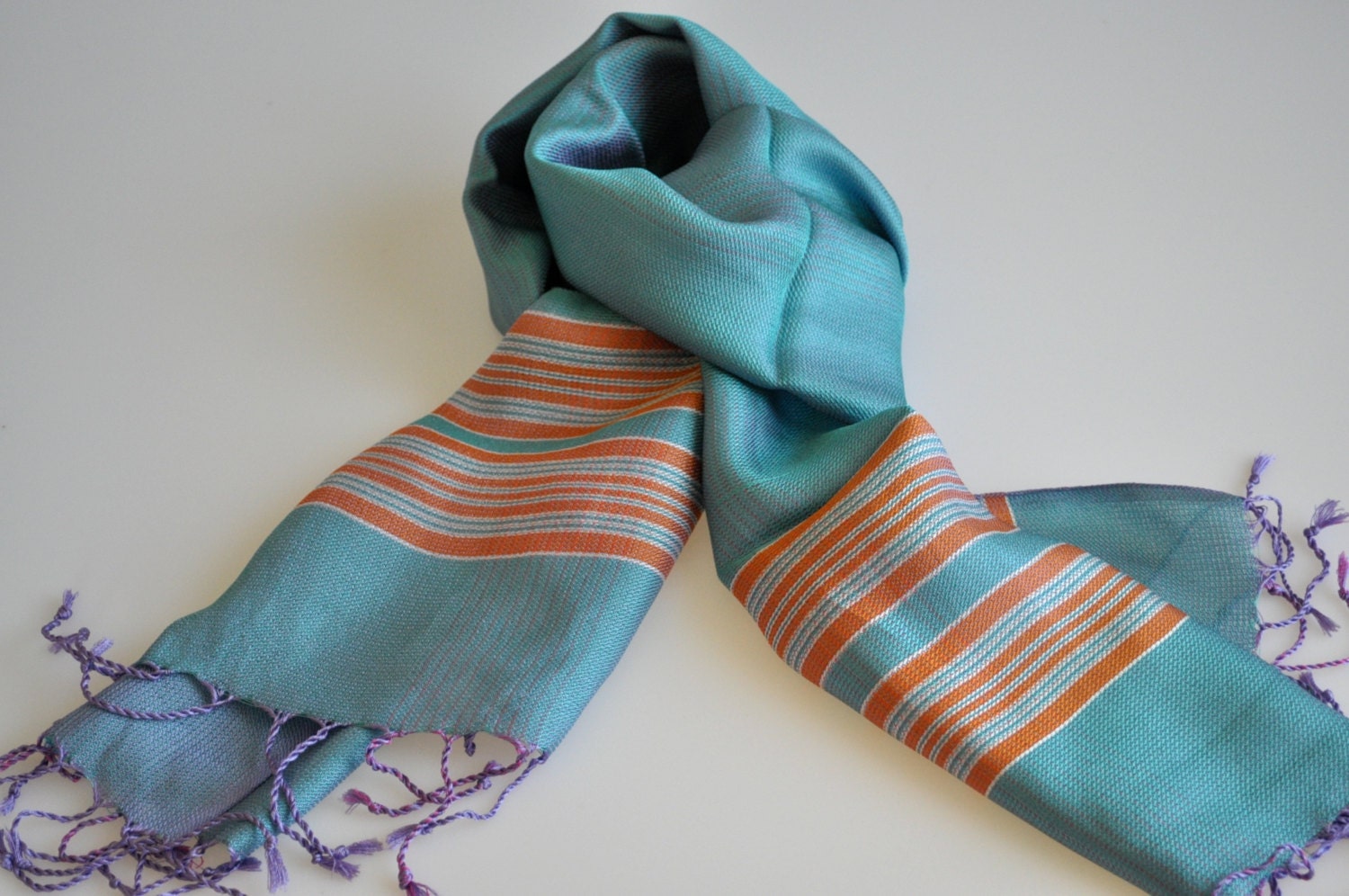 Handwoven Ida Silk Shawl - Green - Orange Stripes