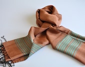Handwoven Ida Silk Shawl - Brown - Green Stripes