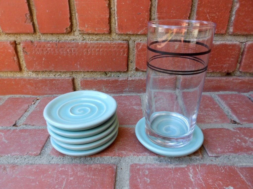 Set of 6 Turquoise Gloss Blue Swirly Coasters