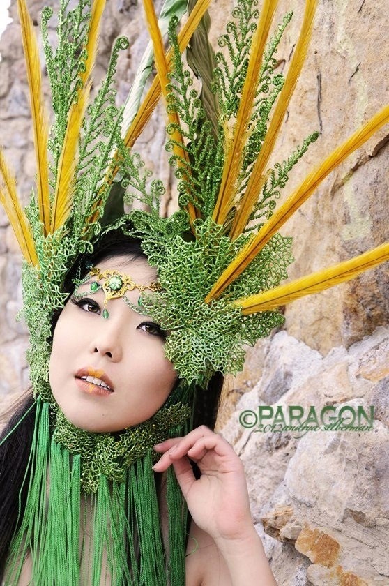 READY TO SHIP Gemini Zodiac Sci- Fi Cyber Futuristic gaga green gold Stone Fantasy headdress headpeice wig