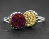 TITANIUM DRUZY Ring Round Crown Bezel Natural Stone Ring - 15mm Gemstone Ring With Silver Adjustable Band, Statement ooak.