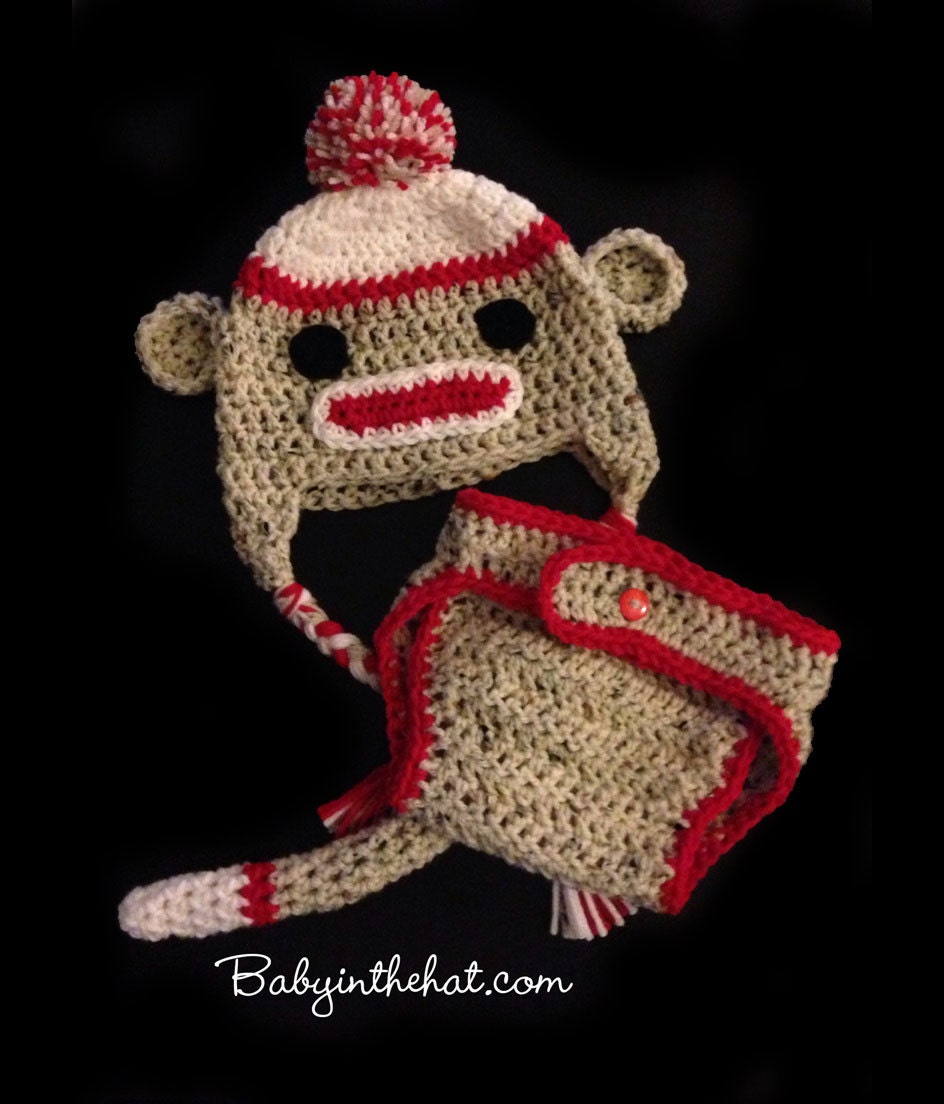Children's Sock Monkey Blue and Grey Earflap and Diaper Cover with Tail Boys Crochet Hat