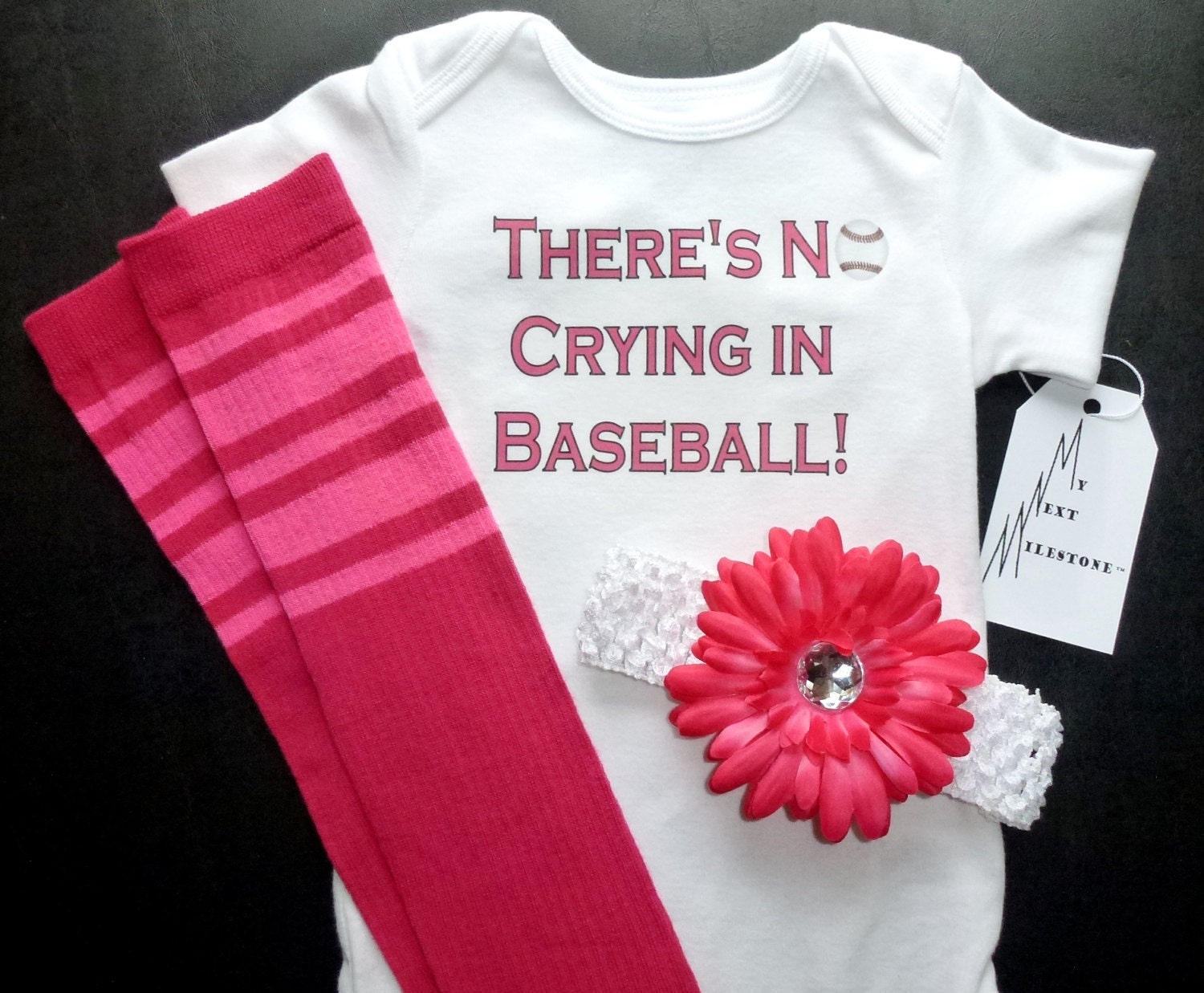 There's No Crying in Baseball Onesie Leg warmers and removable flower clip headband Set Pink Infant Baby Toddler Sizes