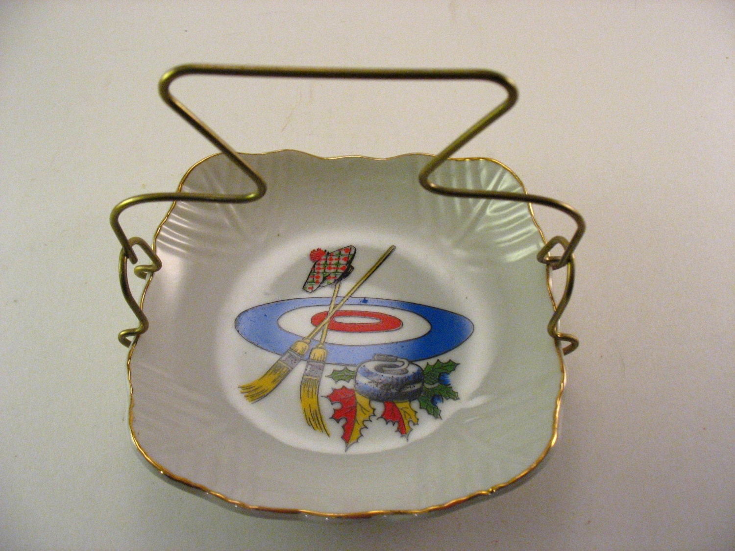 Curling Candy Dish or Ashtray Ceramic With Metal Handle Made in Japan