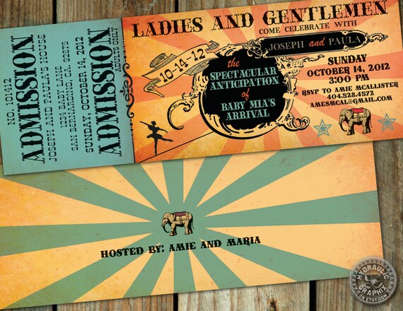 Circus Party or Baby Shower Ticket Invitation - Circus or Carnival themed birthday, wedding or baby shower with ballerina on tight rope Il_570xn
