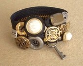 Black  Zipper Bracelet Pearl Silver Gold Key Rhinestone