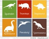 Dinosaur Art Prints, Nursery Art, Childrens Art,  TRex, Pterodactyl, Triceratops, Stegosaurus, Apatosaurus & Iguanodon  set of 6 8x10