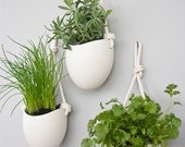 set of 3 porcelain and cotton rope hanging planters