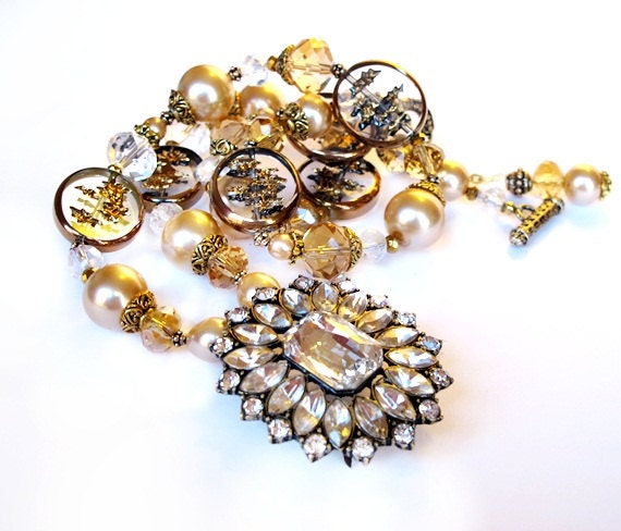 Gold beaded necklace diamante pendant pearls crystals handmade OOAK