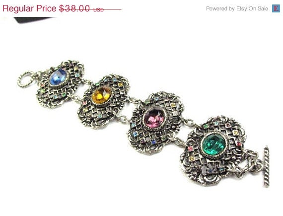 Faux Gem Rhinestone Silver Tone Bracelet 1960s Vintage Jewelry