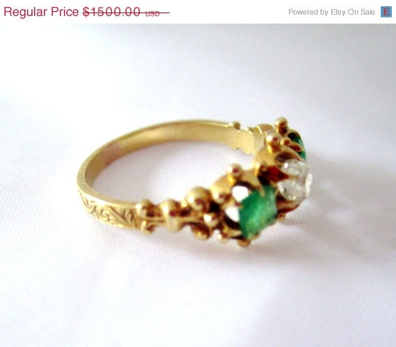 Victorian Emerald and Diamond Engagement Ring Size O Antique Vintage Jewelry