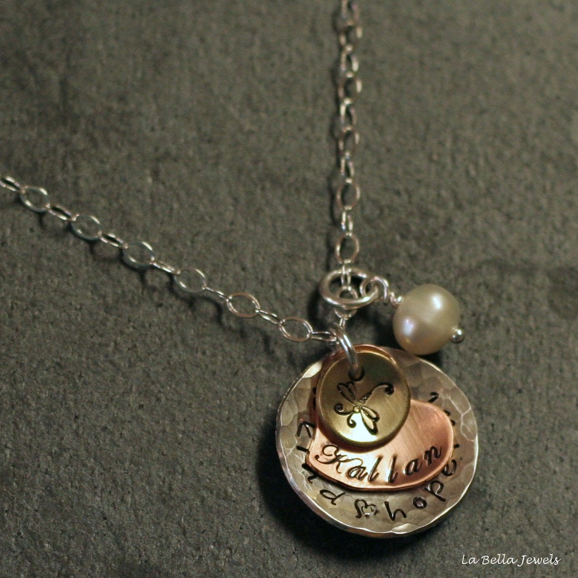 Personalized Hand Stamped Tri Color Mixed Metals Sentimental Cupped Layers Necklace