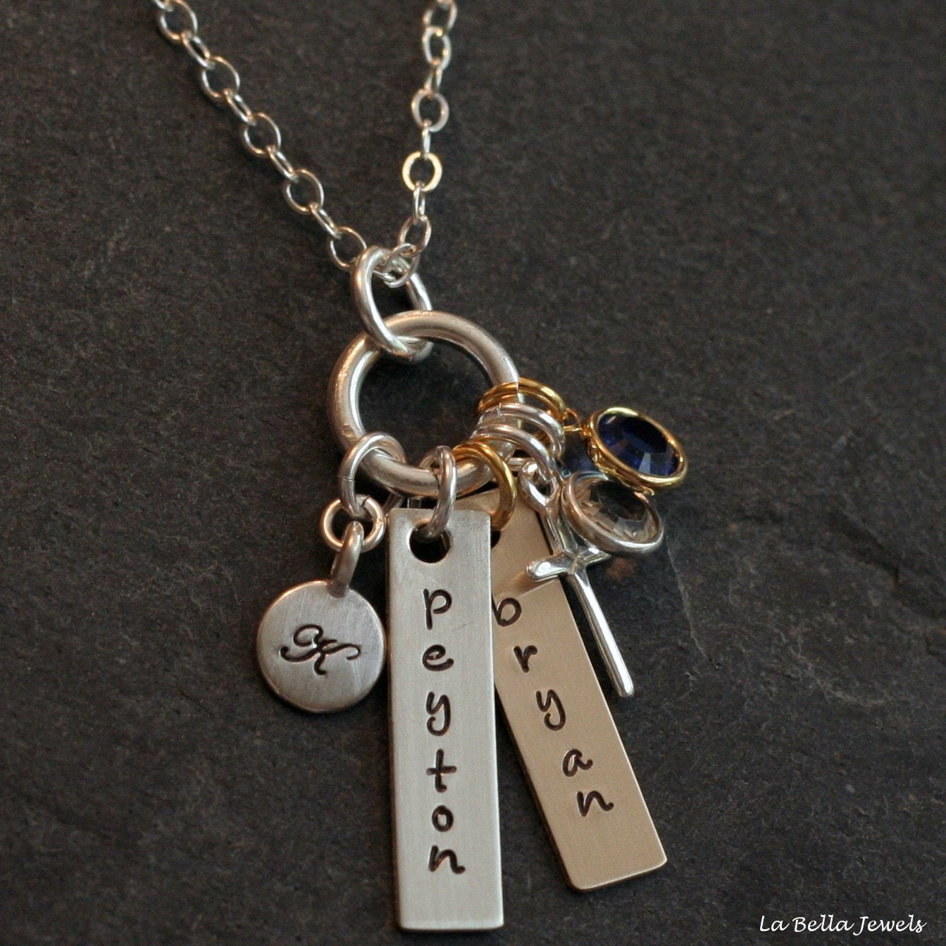 Personalized Hand Stamped Two Tone Name Tags Initial Date Birthstone Mommy Necklace - Mother's Day