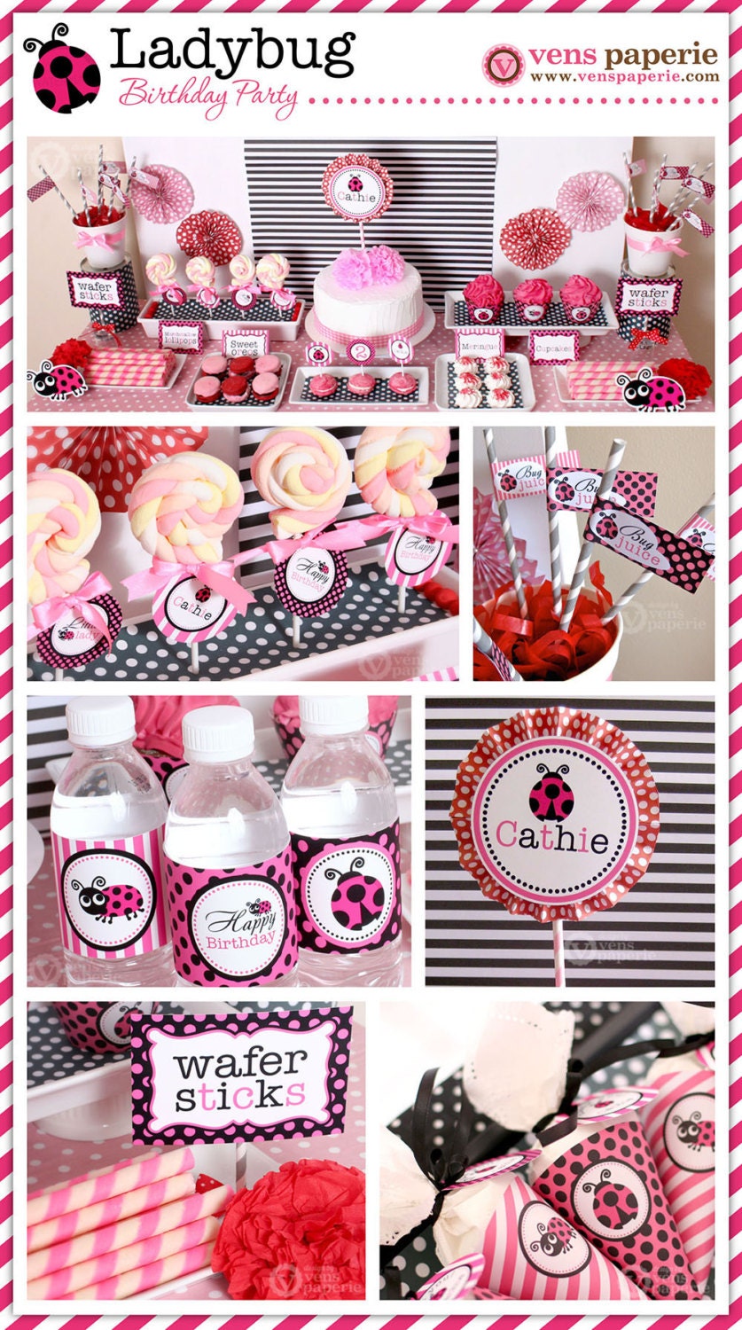 Pink LadyBug Birthday Party Package Personalized FULL Collection Set - PRINTABLE DIY - PS815CA2x