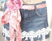 Upcycled Clothing Skirt Denim Womens Sz 4 Embellished Bridal Lace Vintage Shabby Mini Cowgirl Prairie Romantic Rustic Boho Small Funky Eco