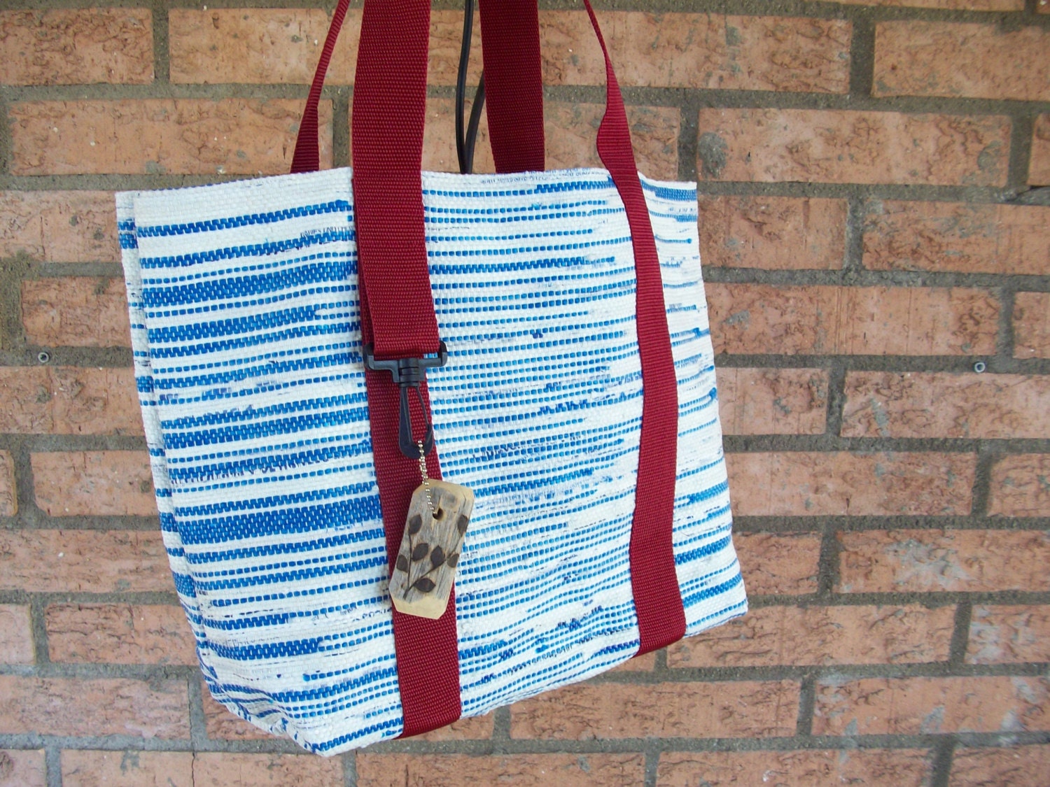 Hand Woven Plarn Tote or Market Bag - White, Blue, Burgundy