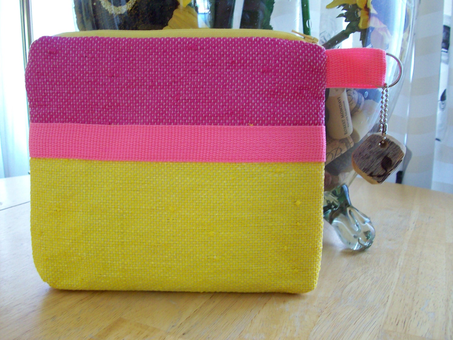 Hand Woven Plarn Zippered Pouch - Hot pink, Yellow, White
