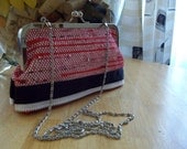 Hand Woven Plarn Clutch With Removable Chain Strap - Red, White and Black
