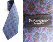 Vintage YSL Silk Tie, Yves Saint Laurent Designer Hipster Necktie Retro Blue Red Burgandy Floral 80s 90s Men's Tie 1980s Father's Day Gift