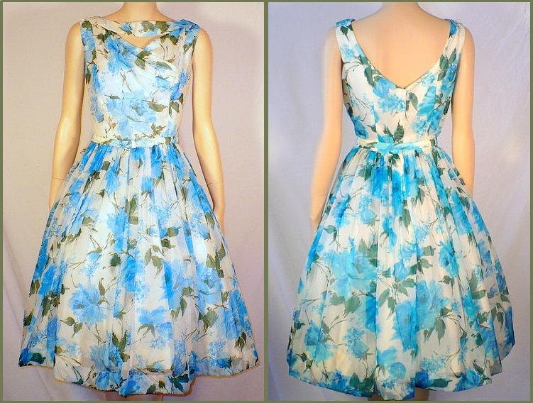 M Vintage 50s 60s Party Dress Lady Full Skirt Chiffon Blue Rose Floral Mad Men Betty
