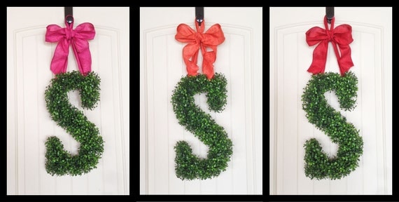Monogram Wreath - Wreaths - Spring Wreath Door - Arificial Boxwood Wreath - Burlap Ribbon - Initial Door Wreath