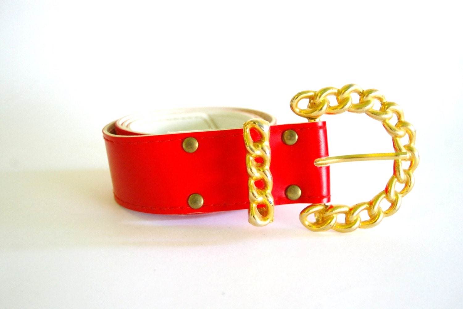 Vintage 1980s Nautical Red Belt Gold Chain Buckle