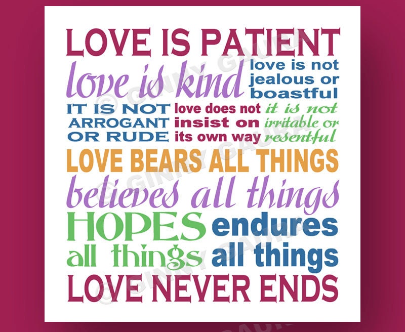 Love is Patient Love is Kind Corinthians Bible Verse 8x8 Color Inspirational Print Design by Ginny Gaura
