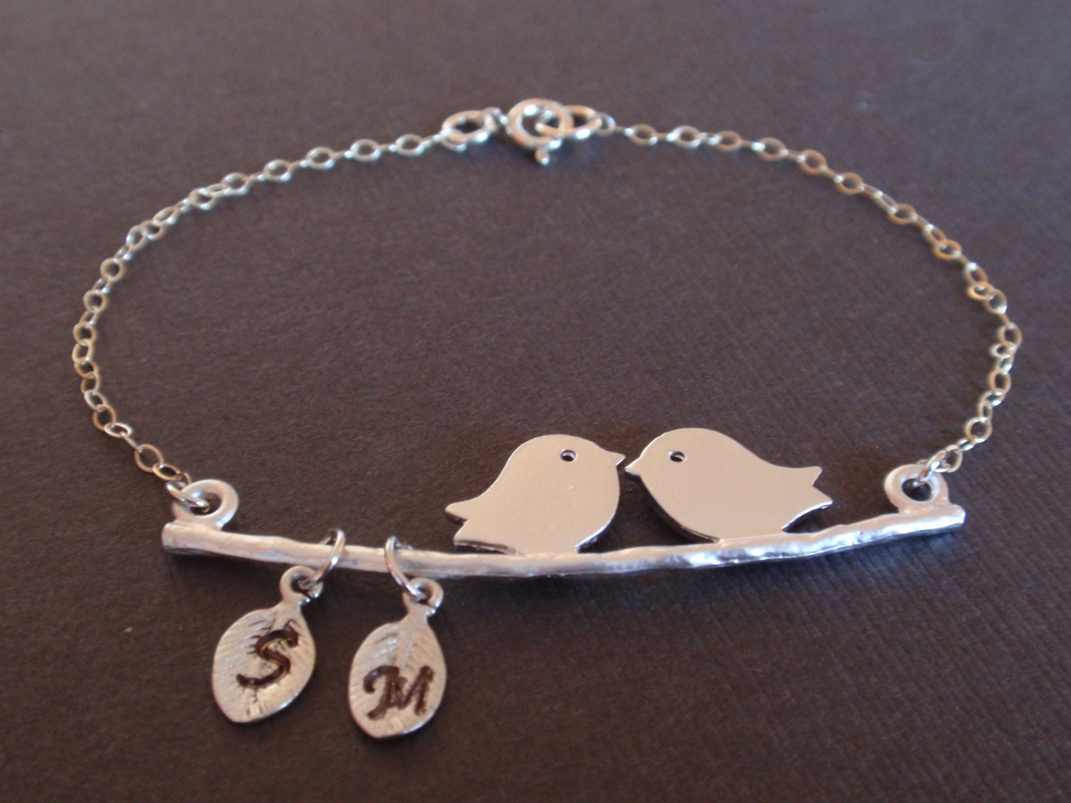 SALE- Personalized Initial Two bird love Sterling Silver bracelet