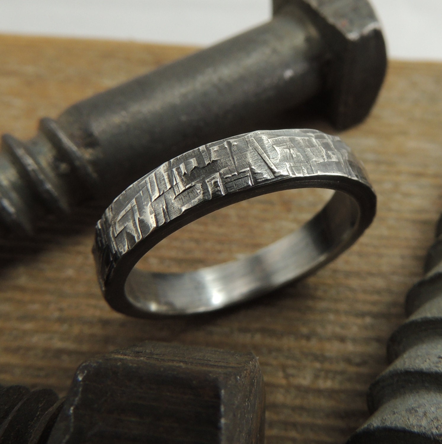 Rugged Textured Recycled Sterling Silver Mens Wedding Band, Eco Friendly, Sustainable, Handmade Wedding Ring,Sterling Silver Ring
