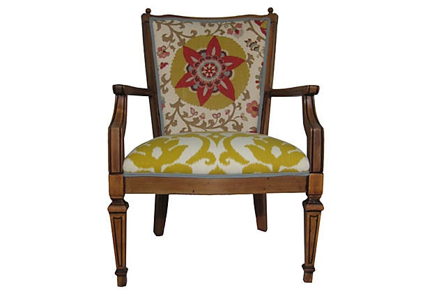 FREE SHIPPING  Suzani Vintage Arm Chair Yellow Floral Distressed Rustic Modern Chic Vintage