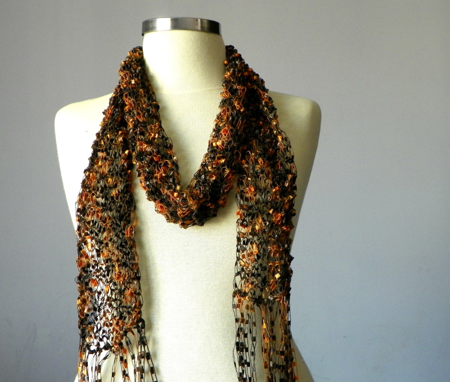 Spring and summer scarf orange brown trellis yarn handmade neckwarmer women accessories, summer day and night fashion