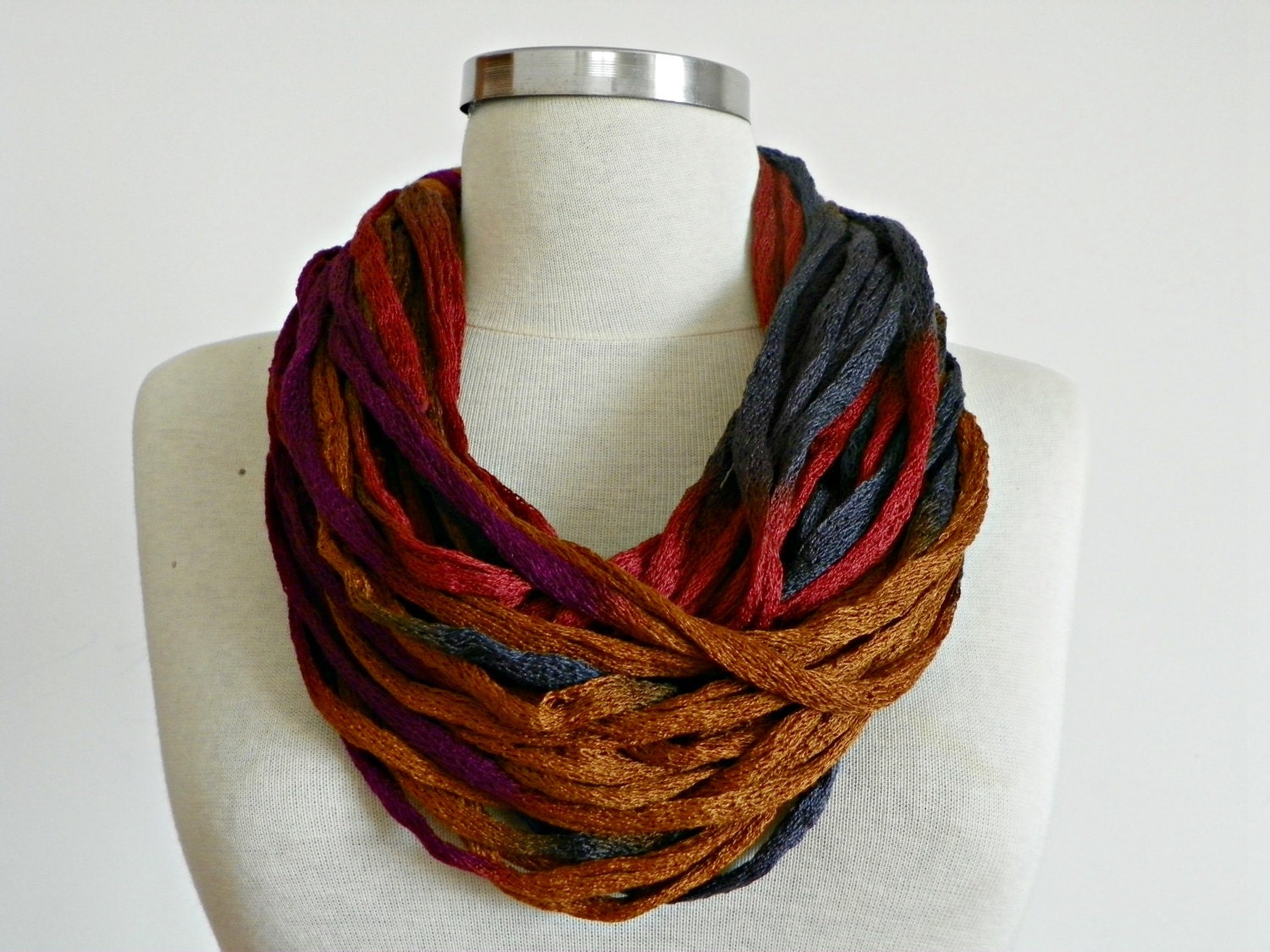 Spring and summer Infinity cotton scarf necklace cowl, copper fuchsia gray cotton yarn, neckwarmer women accessories, chunky loop scarf