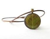 Real leaf pendant - green brown rustic woodland necklace - Pyrus ussuriensis
