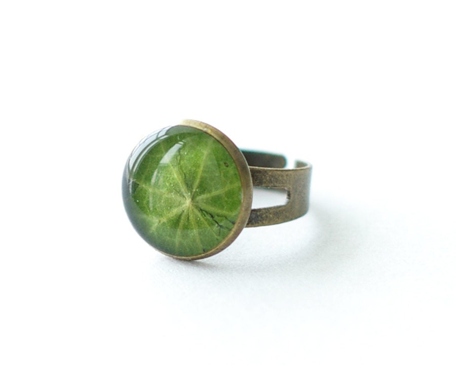 Nature ring with real leaf of Nasturtium - handmade green jewelry - Tropaeolum majus