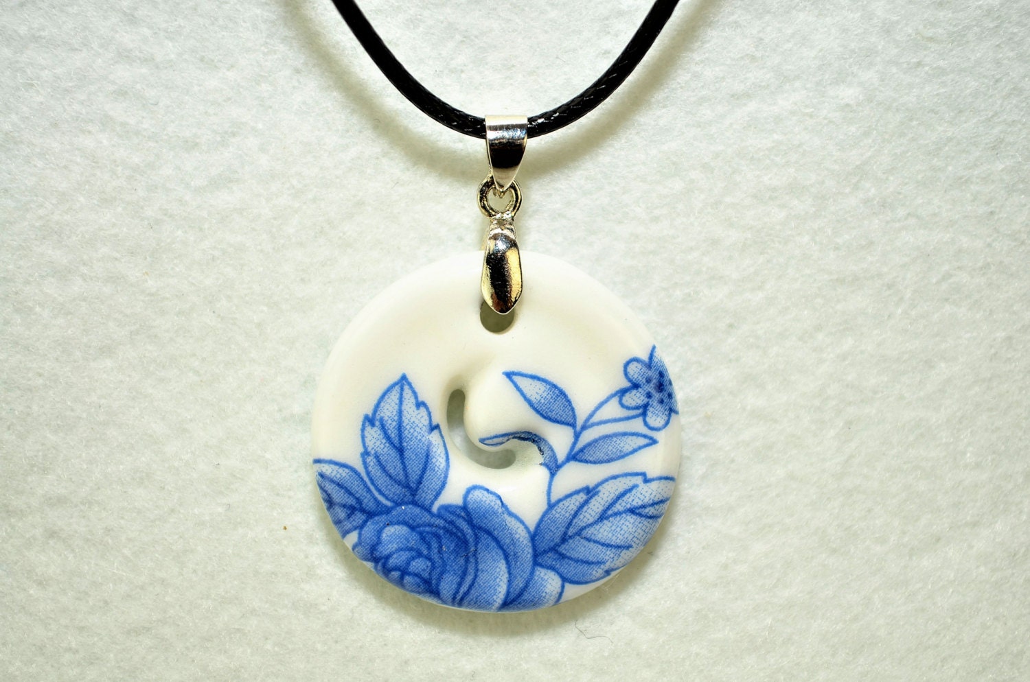 Ceramic Jewelry choker necklace blue flower pendant white porcelain necklace metal chain adjustable length