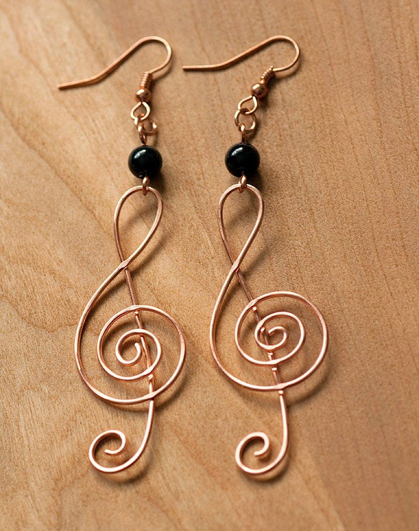 RESERVED LISTING for Georgia Paris - Copper Treble Clef Earrings with Black Glass Beads