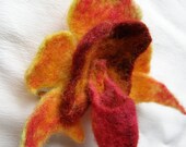 RED ORANGE ORCHID - fantasy flower brooch and hair clip of felted wool in yellow, red and orange, one of a kind
