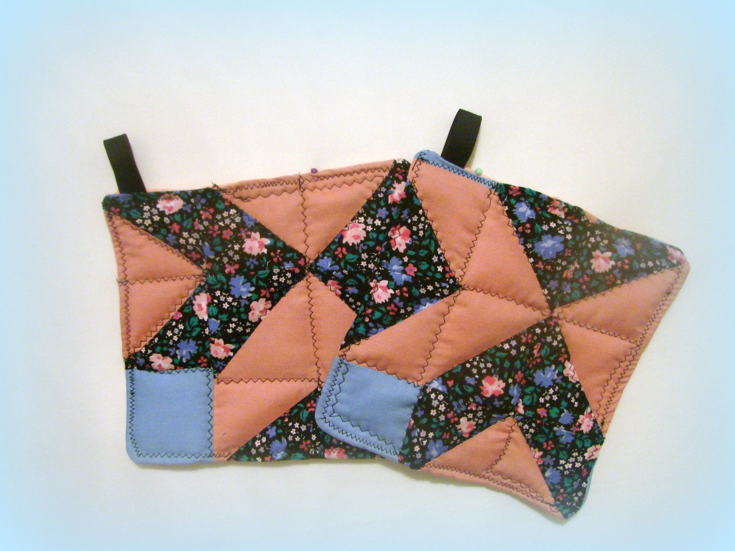 Quilted Pot Holders-Patchwork Floral Blue and Peach